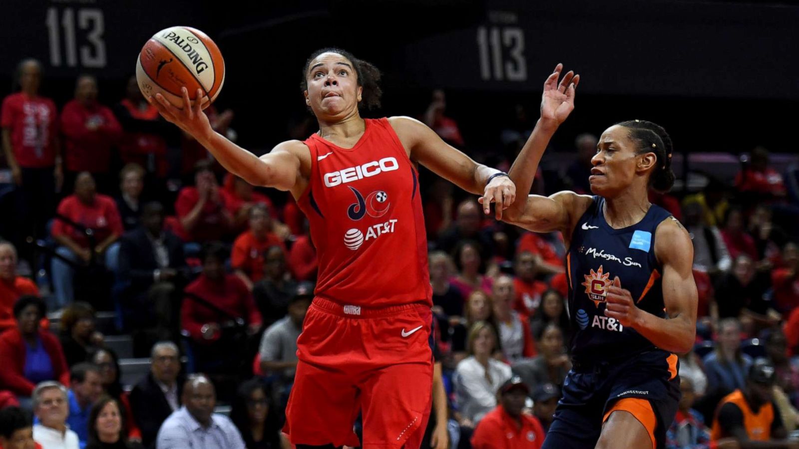 PHOTO: Washington Mystics guard Kristi Toliver (20) shoots around Connecticut Sun forward Alyssa Thomas (25) in the first half at the Entertainment and Sports Arena for the WNBA Championship title, Oct. 10, 2019, in Washington, DC.