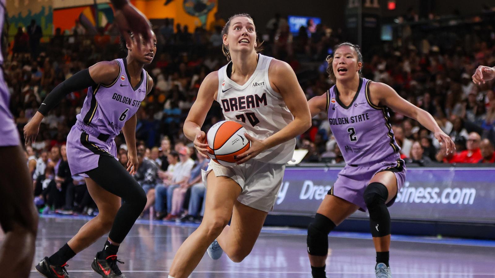 PHOTO: Isobel Borlase #20 of the Atlanta Dream goes to the basket against the Golden State Valkyries in the third quarter at Gateway Center Arena, July 4, 2026, in College Park, Ga.