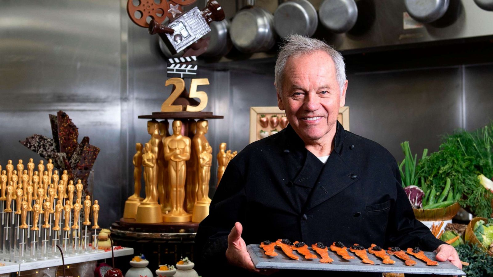 PHOTO: In this Feb. 20, 2019, file photo, celebrity chef Wolfgang Puck poses in the kitchen while preparing the dinner for the 91st annual Academy Awards Governors Ball, in Hollywood, Calif.