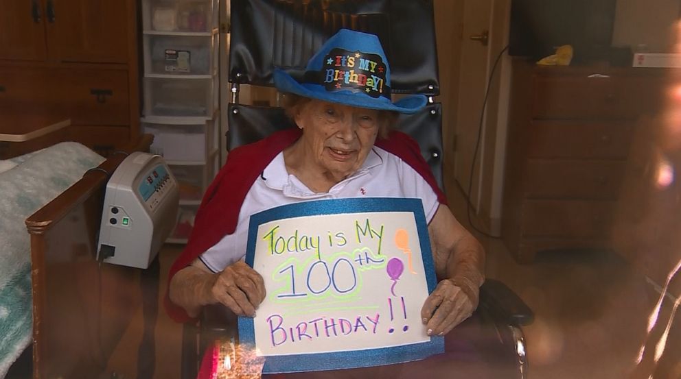 PHOTO: Millie Erickson, 100, a resident of Sterling Village in Massachusetts, was greeted by family to celebrate her becoming a centenarian on March 15. Her son, Gary Erickson said she is in quarantine as the coronavirus outbreak effects the globe.
