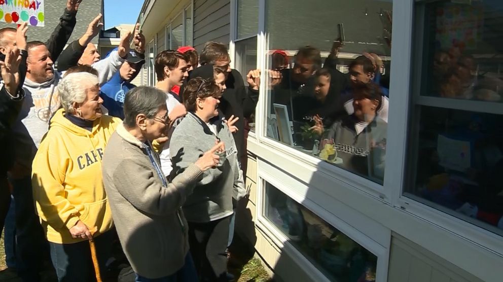 PHOTO: Millie Erickson, a resident of Sterling Village in Sterling, Massachusetts, was greeted by family to celebrate her becoming a centenarian on March 15. Her son, Gary Erickson said she is in quarantine as the coronavirus outbreak effects the globe.