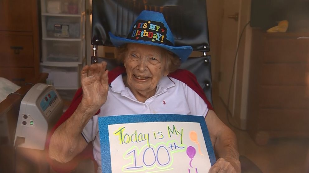 PHOTO: Millie Erickson, a resident of Sterling Village in Sterling, Massachusetts, was greeted by family to celebrate her becoming a centenarian on March 15. Her son, Gary Erickson said she is in quarantine as the coronavirus outbreak effects the globe.