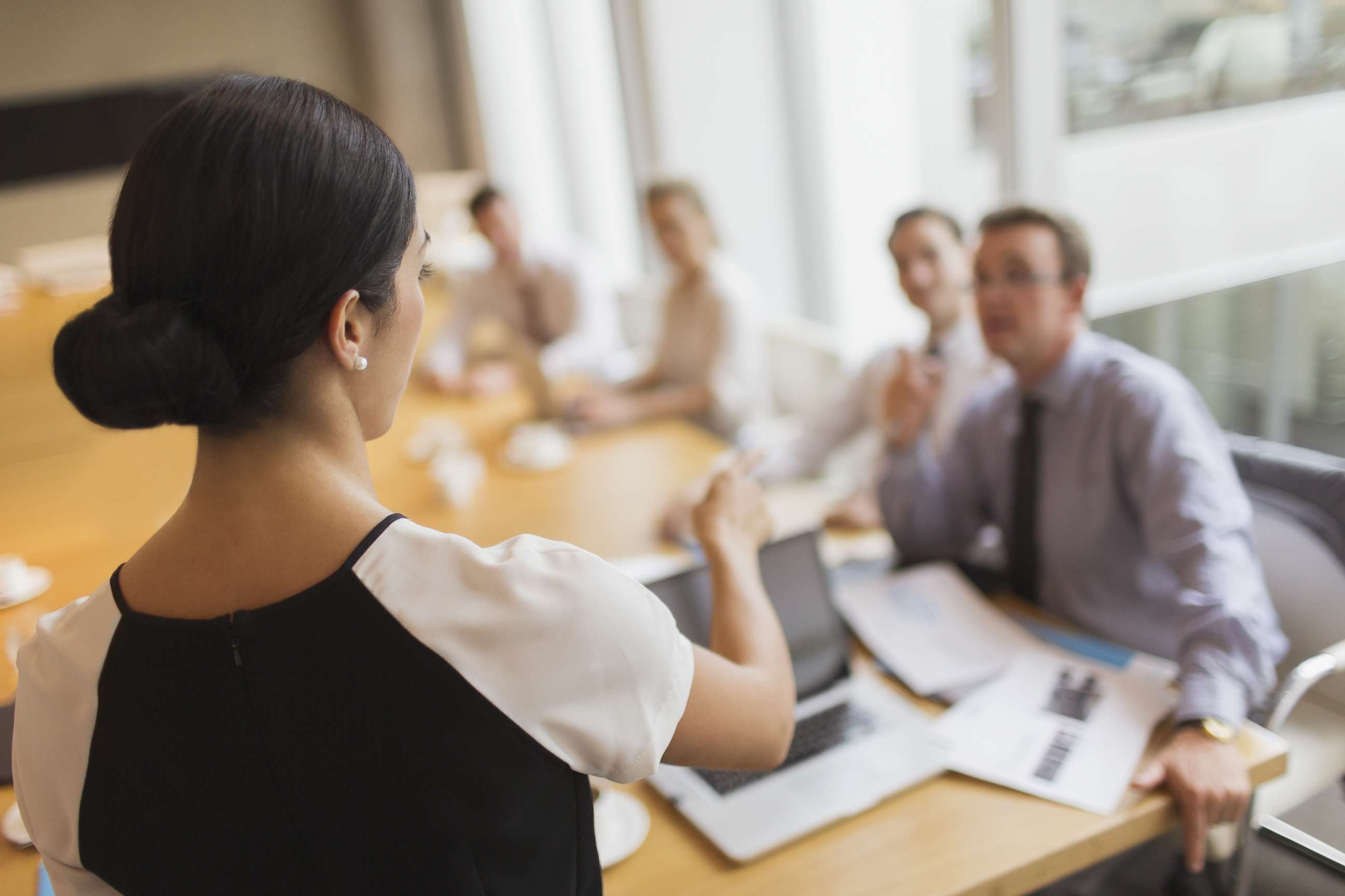 PHOTO: In this undated stock photo, a woman leads a meeting in a conference.