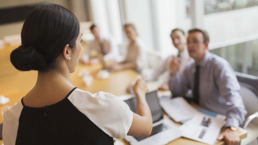 PHOTO: In this undated stock photo, a woman leads a meeting in a conference.