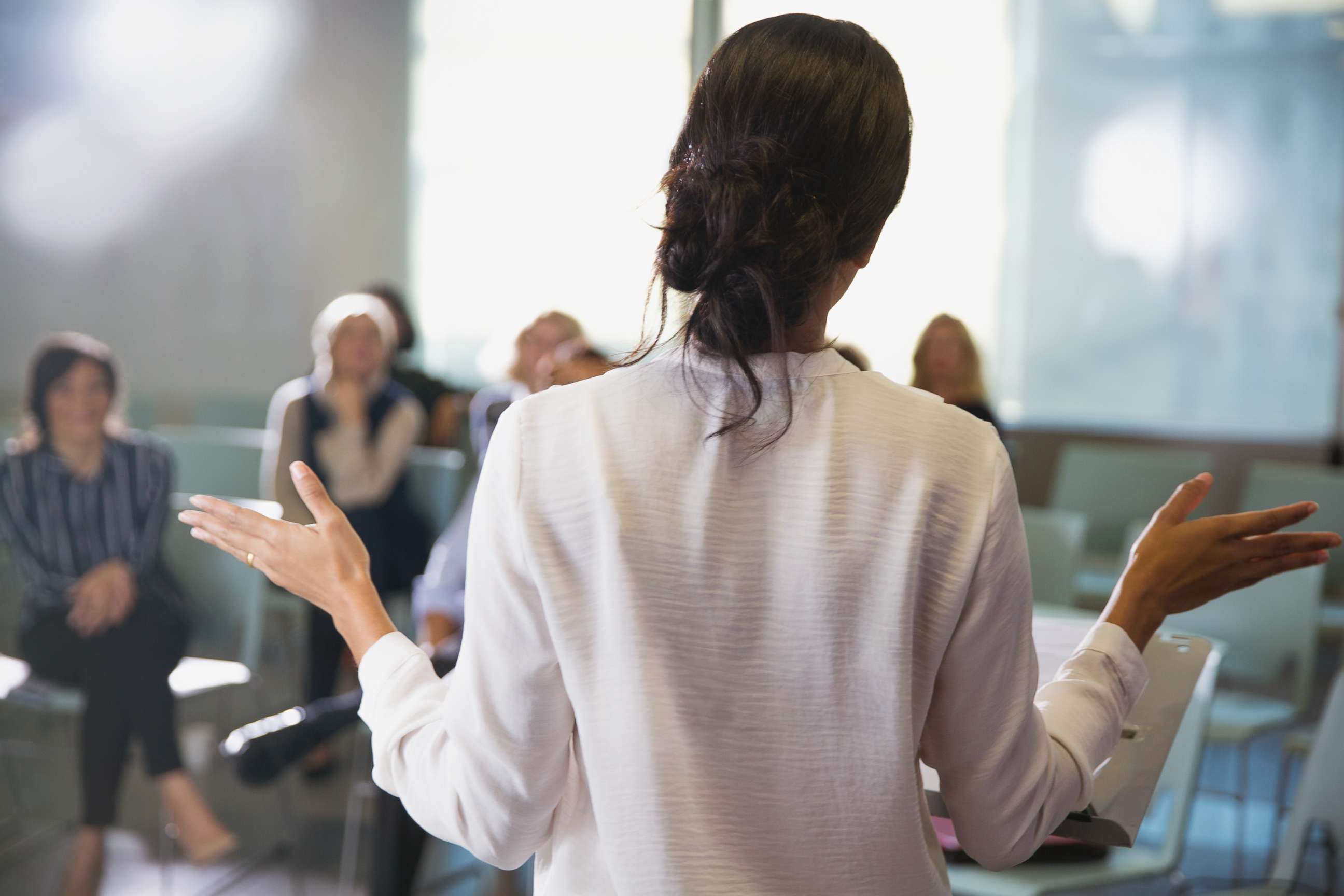 PHOTO: In this undated stock photo, a businesswoman leads a conference meeting.