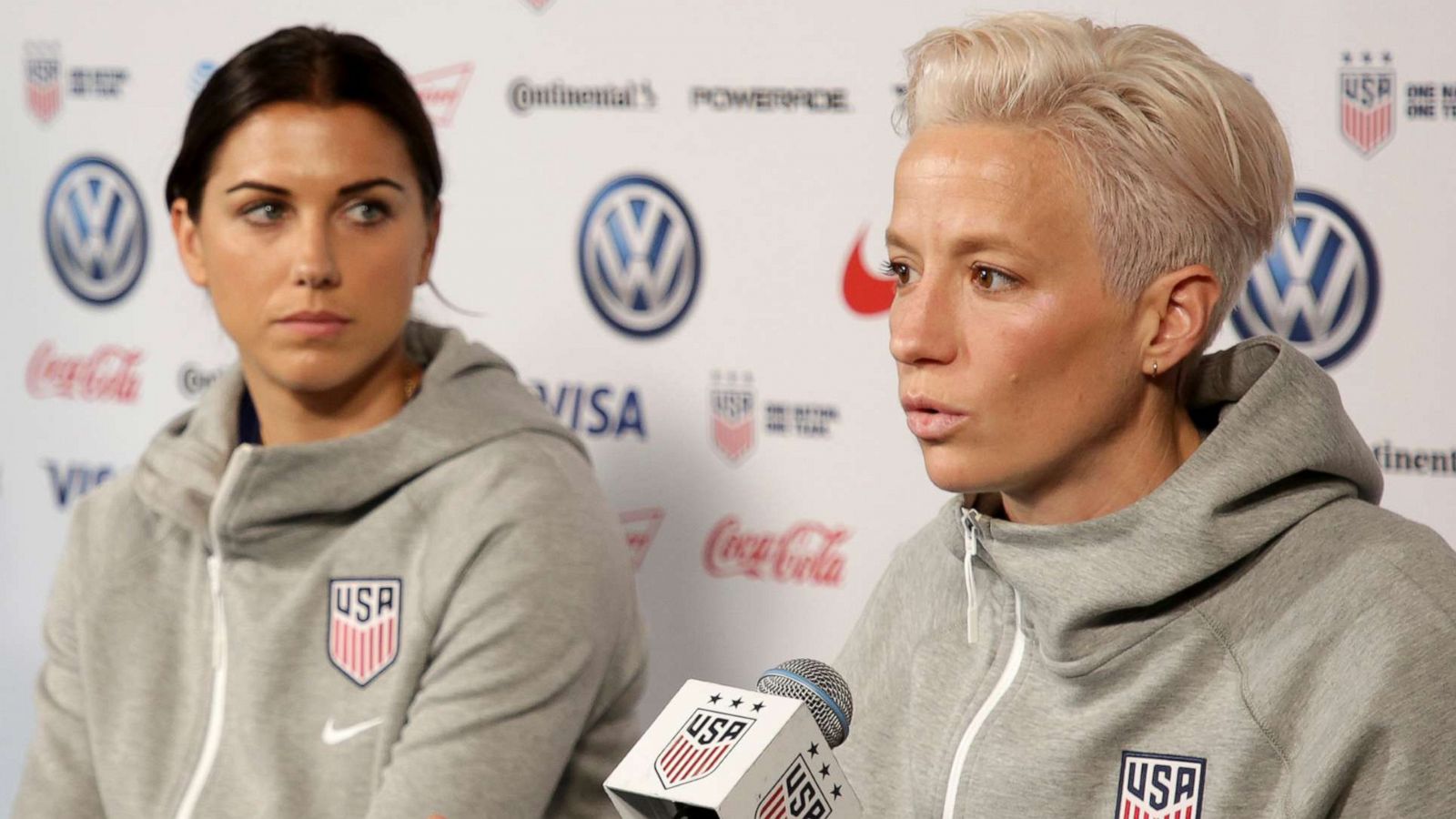 PHOTO: U.S. women's national soccer team members Alex Morgan and Megan Rapinoe speak to reporters during a news conference in New York, May 24, 2019. U.S. women soccer players reached a landmark agreement to end a six-year legal battle over equal pay.