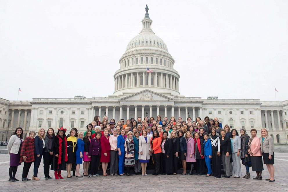PHOTO: Speaker of the House Nancy Pelosi stands with all the female House Democratic members of the 116th Congress outside the U.S. Capitol in Washington, Jan. 4, 2019.