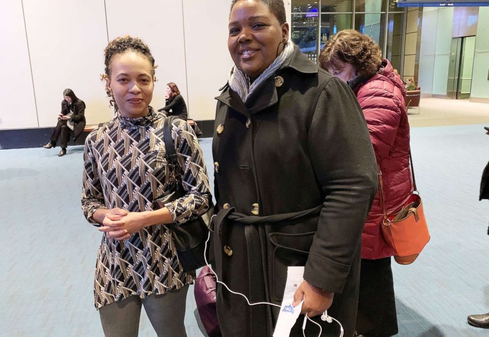 PHOTO: Femi Stoltz, left, and Tasha Crichlow, right, pose at opening night at the 2018 Massachusetts Conference for Women.