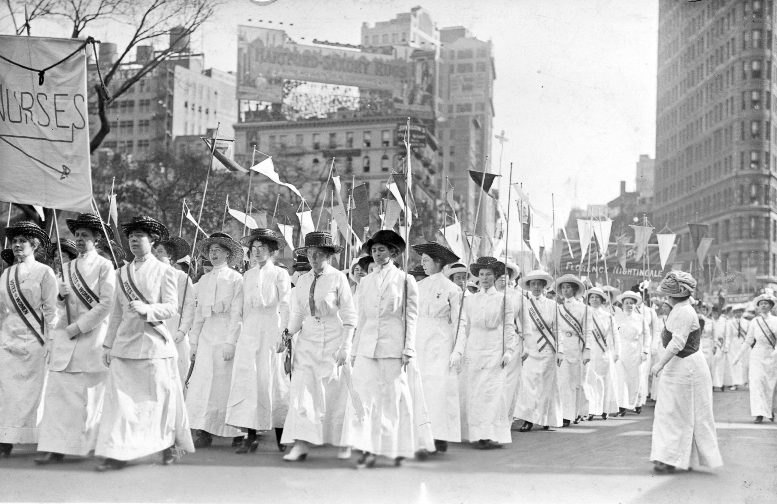 PHOTO: Nurses wearing white Edwardian clothing and sashes reading, "Votes for Women," demonstrate in New York in 1913.
