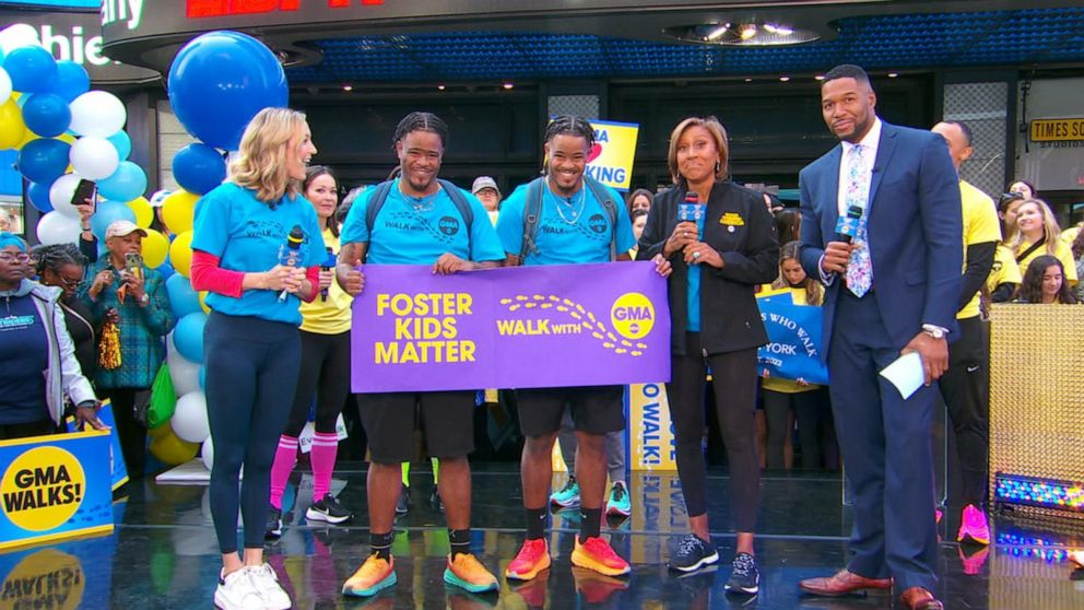 PHOTO: Brothers Davon and Tavon Woods, who are trekking 20 miles in every state to raise awareness for young people growing up in foster care, await their surprise on "GMA."