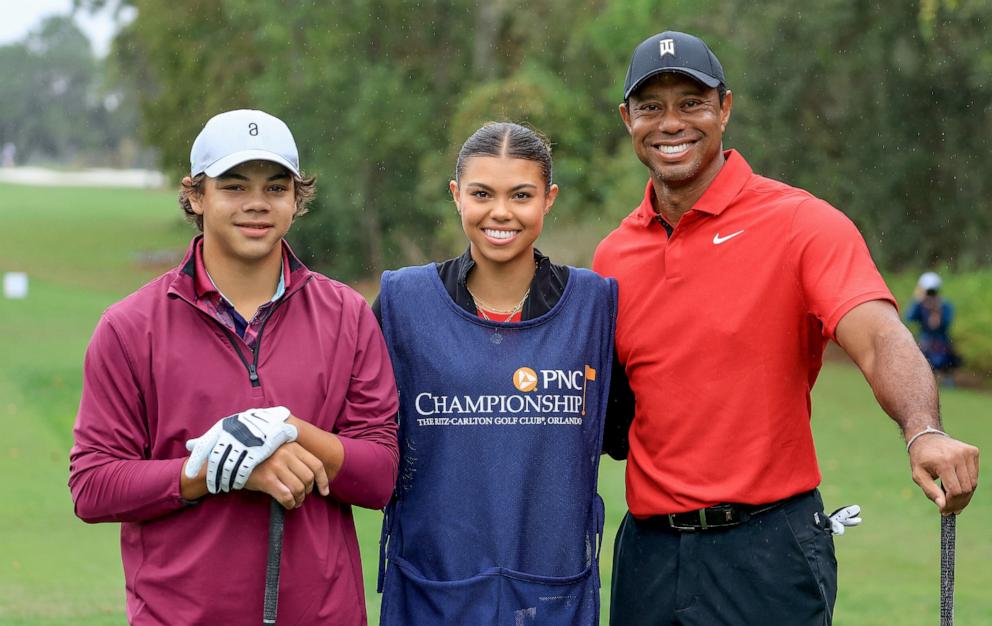 PHOTO: Tiger Woods with his son Charlie Woods and his daughter Sam Woods who was caddying for Tiger during the final round of the PNC Championship at The Ritz-Carlton Golf Club, Dec. 17, 2023 in Orlando, Florida.