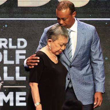 PHOTO: Tiger Woods and his mother Kultida Woods react as they pose for photos prior to his induction at the 2022 World Golf Hall of Fame Induction at the PGA TOUR Global Home on March 9, 2022 in Ponte Vedra Beach, Fla.