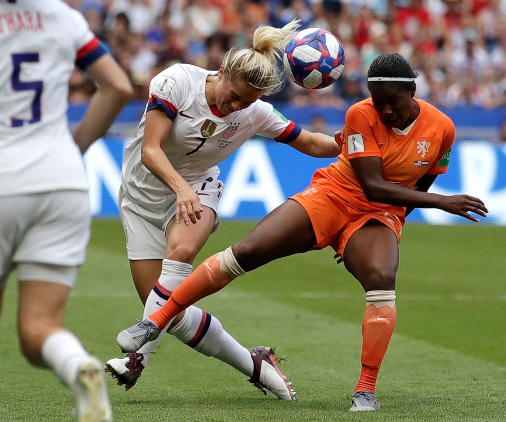 PHOTO: United States' Abby Dahlkemper, left, challenges Netherlands' Lineth Beerensteyn, right, during the Women's World Cup final soccer match between US and The Netherlands at the Stade de Lyon in Decines, France, July 7, 2019.