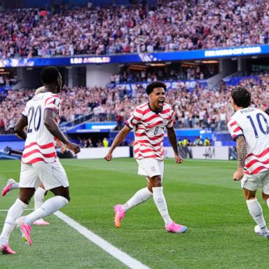 PHOTO: Weston Mckennie and Christian Pulisic celebrate an own goal scored by Damian Bobadilla of Paraguay during the FIFA World Cup 2026 Group D match between USA and Paraguay at Los Angeles Stadium on June 12, 2026 in Inglewood, California.