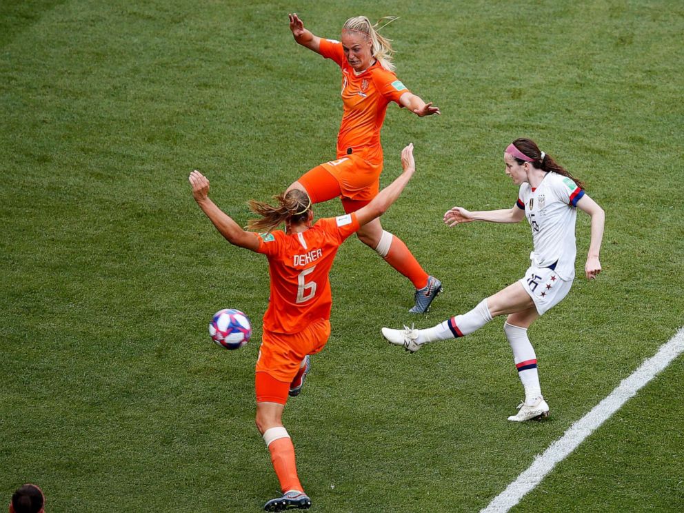 PHOTO: United States Rose Lavelle, right, shoots to score her sides second goal during the Womens World Cup final soccer match between US and The Netherlands at the Stade de Lyon in Decines, France, July 7, 2019.
