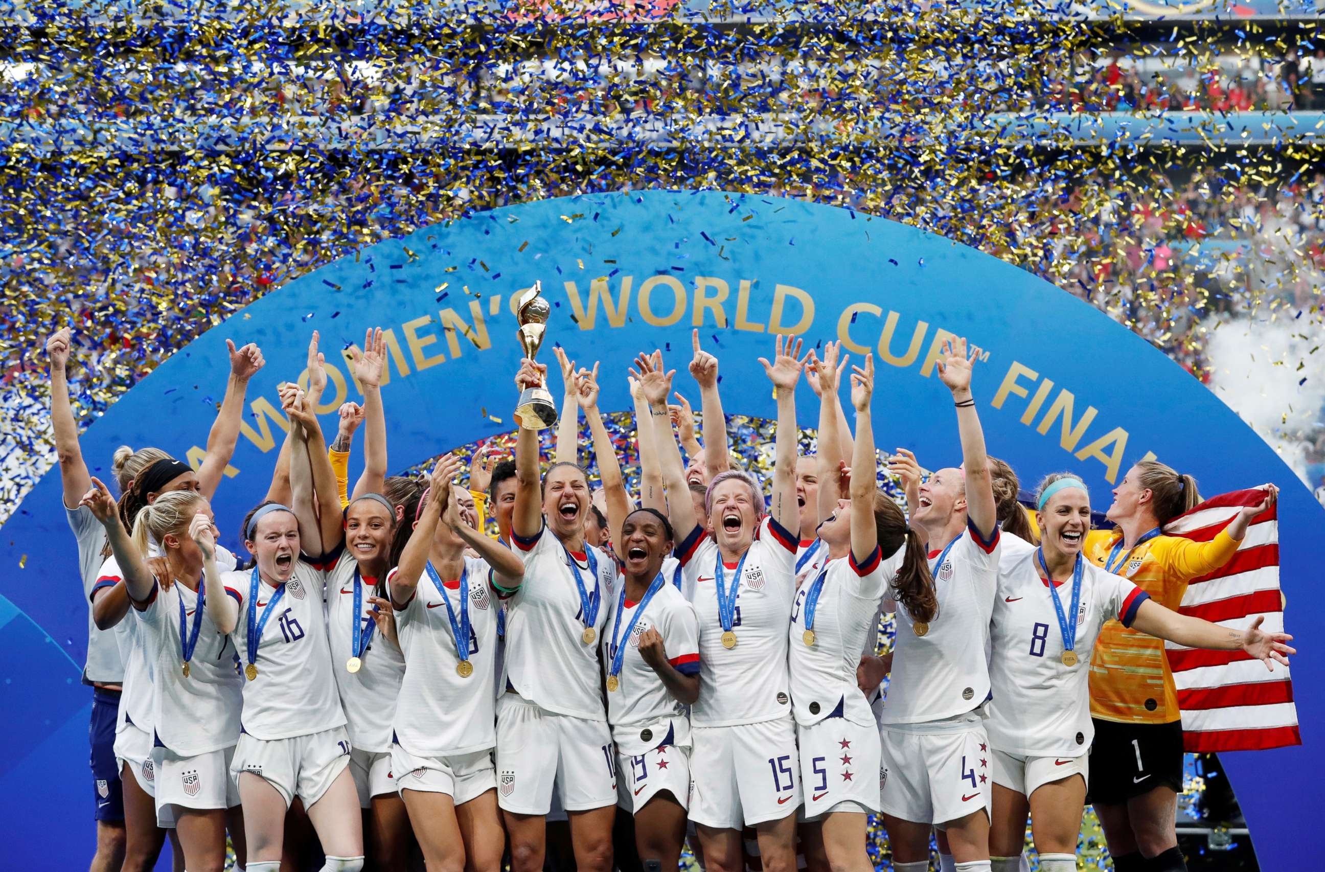 PHOTO: The U.S. Women's National team celebrates winning the Women's World Cup, July 7, 2019 in Lyon, France.