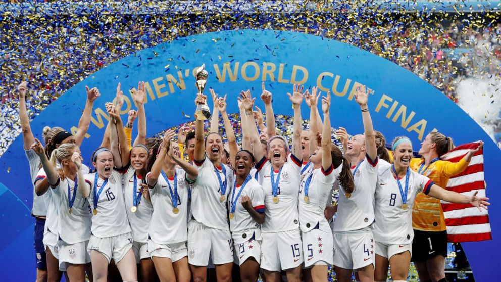 PHOTO: The U.S. Women's National team celebrates winning the Women's World Cup, July 7, 2019 in Lyon, France.