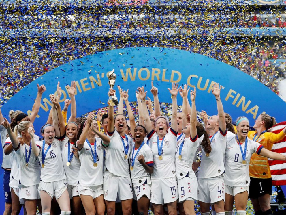 PHOTO: The U.S. Womens National team celebrates winning the Womens World Cup, July 7, 2019 in Lyon, France.