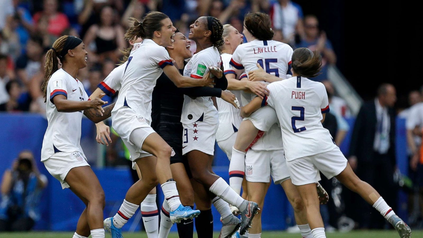 PHOTO: United States soccer team celebrates after the team won the Women's World Cup final soccer match between US and The Netherlands at the Stade de Lyon in Decines, France, July 7, 2019.