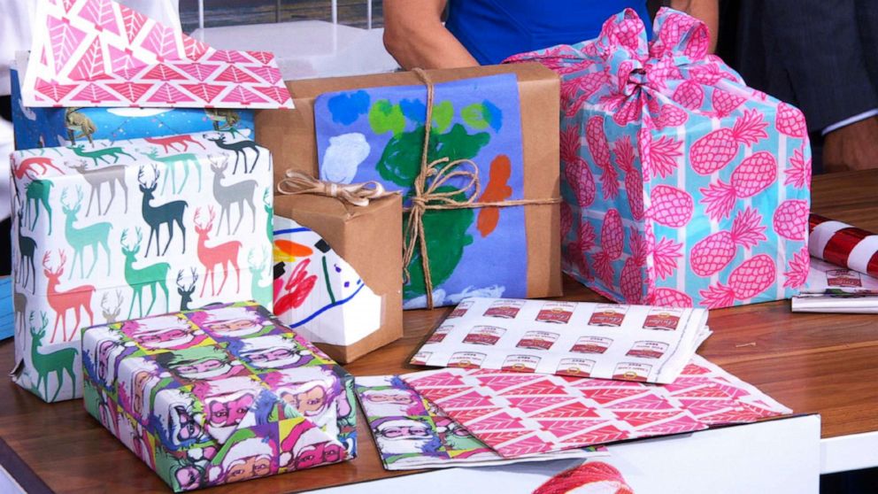 PHOTO: ABC News' Becky Worley shares gift-wrapping alternatives with Sara Haines and Michael Strahan on "Good Morning America" on Dec. 10, 2019. Options featured include recyclable wrapping paper, using children's drawings or using old clothing.