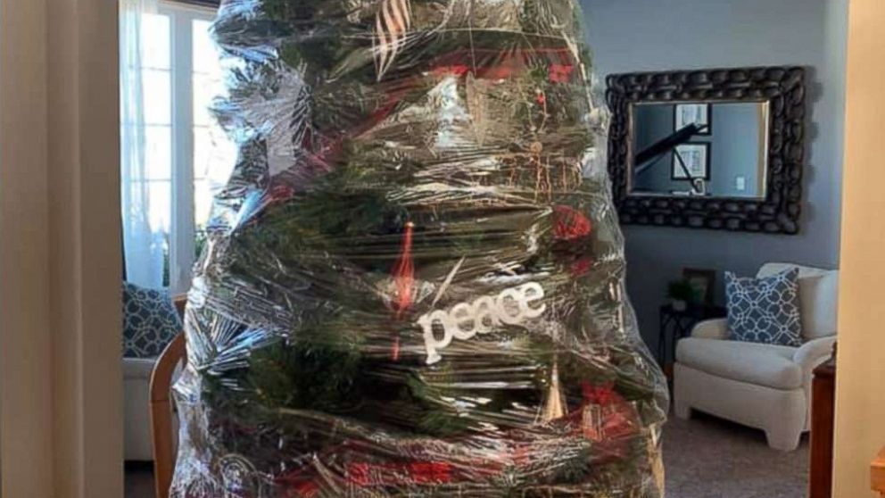 PHOTO: Renae Krivitz shared photos of her plastic-wrapped Christmas tree on Facebook with the text, "My new time saving Christmas tree invention. No more decorating/un-decorating. Wrap it and store it!"