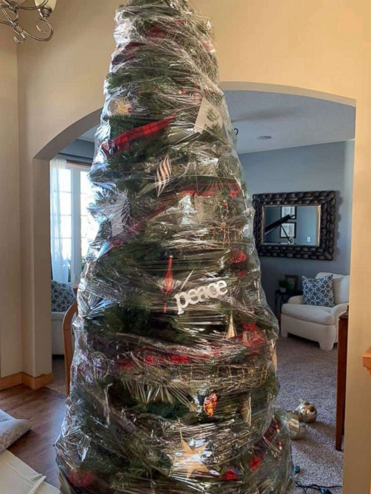 PHOTO: Renae Krivitz shared photos of her plastic-wrapped Christmas tree on Facebook with the text, "My new time saving Christmas tree invention. No more decorating/un-decorating. Wrap it and store it!"