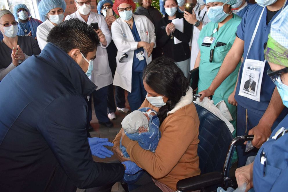 PHOTO: Yanira Soriano met her son, Walter, for the first time outside of Southside Hospital in Bay Shore, New York, on April 15, 2020.