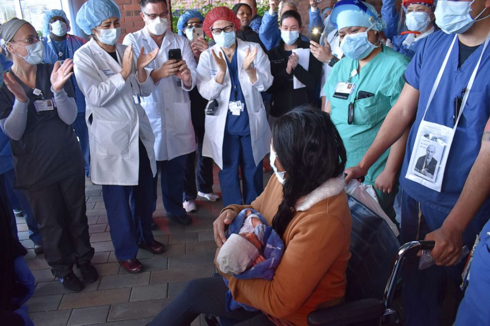 PHOTO: Yanira Soriano met her son, Walter, for the first time outside of Southside Hospital in Bay Shore, New York, on April 15, 2020.