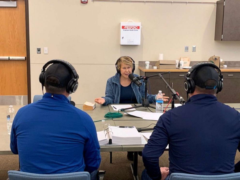 PHOTO: Yeardley Smith interviewing identical twin detectives Dan and Dave for her true crime podcast, Small Town Dicks.