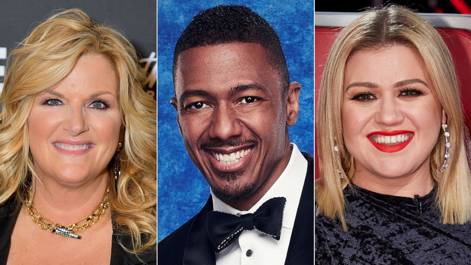 PHOTO: Trisha Yearwood is shown on Nov. 18, 2019, in New York. | Nick Cannon is shown in this promo photo for The Masked Singer. | Kelly Clarkson is shown on the set of The Voice.