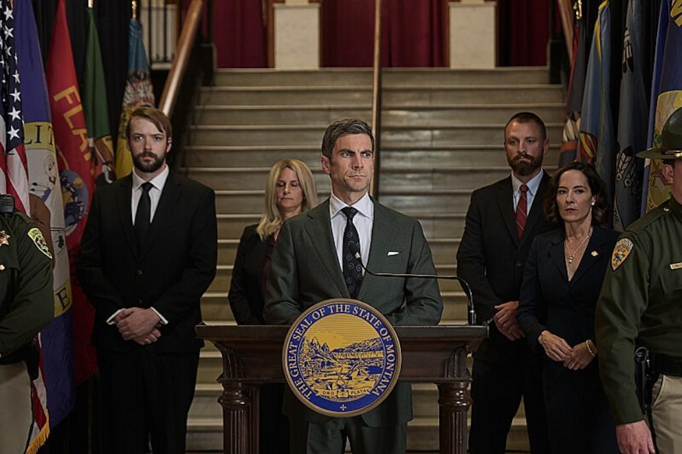 PHOTO: Wes Bentley as Jamie Dutton and Wendy Moniz as Governor Perry on episode 509 of Paramount Network's Yellowstone.