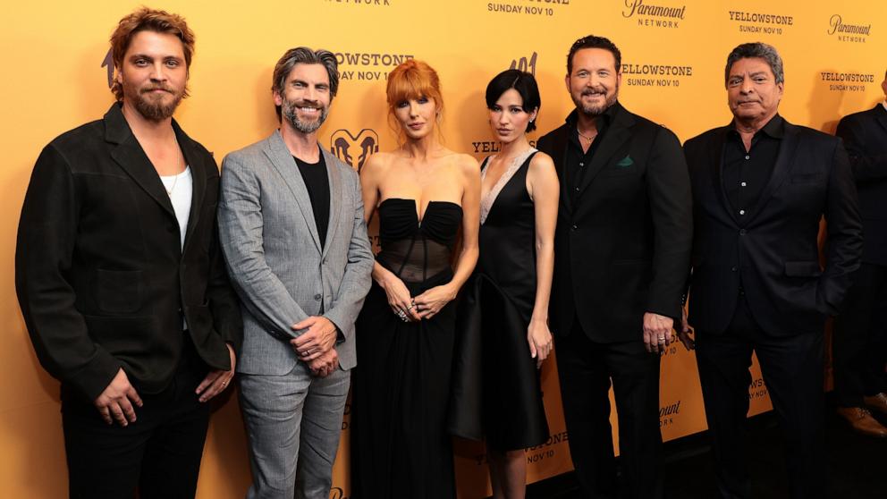 PHOTO: (L-R) Luke Grimes, Wes Bentley, Kelly Reilly, Kelsey Asbille Chow, Cole Hauser and Gil Birmingham attend the Paramount's "Yellowstone" Season 5 Part 2 Premiere at Museum of Modern Art on Nov. 07, 2024 in New York City.