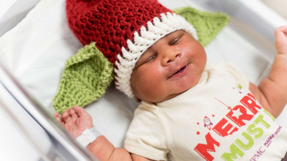 PHOTO: Newborns at UPMC Magee-Womens Hospital in Pittsburgh dressed up in Santa hats inspired by Baby Yoda.