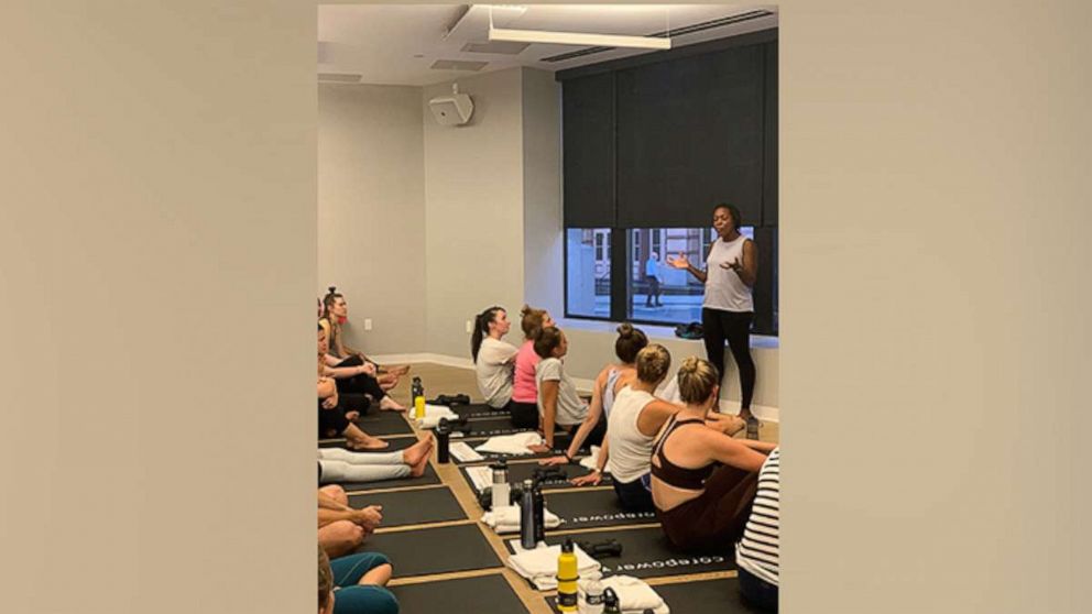 PHOTO: Nutritionist Maya Feller speaks during a mindbodygreen CorePower Yoga event.