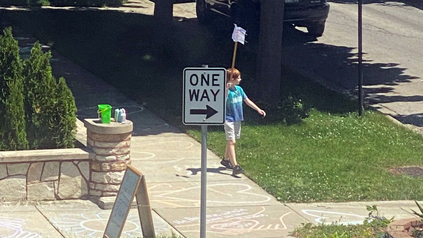 PHOTO: Aiden Kelley, 9, is pictured marching with a Black Lives Matter sign outside his Chicago home in a photo posted to Twitter by a neighbor on June 6, 2020.