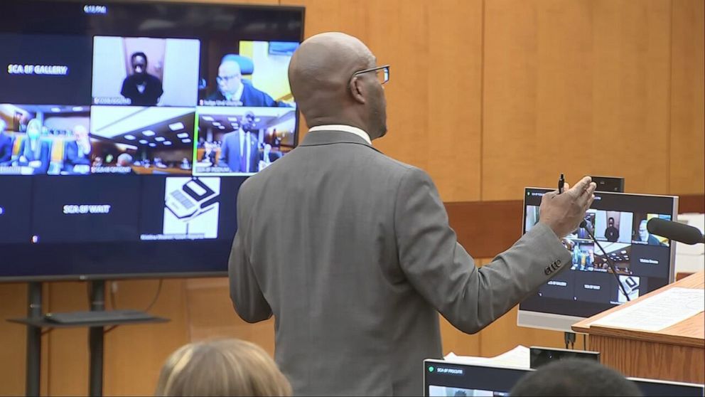 PHOTO: In this screen grab from a video, rapper Young Thug, left on screen, appears virtually in a court hearing in Atlanta, on June 2, 2022.