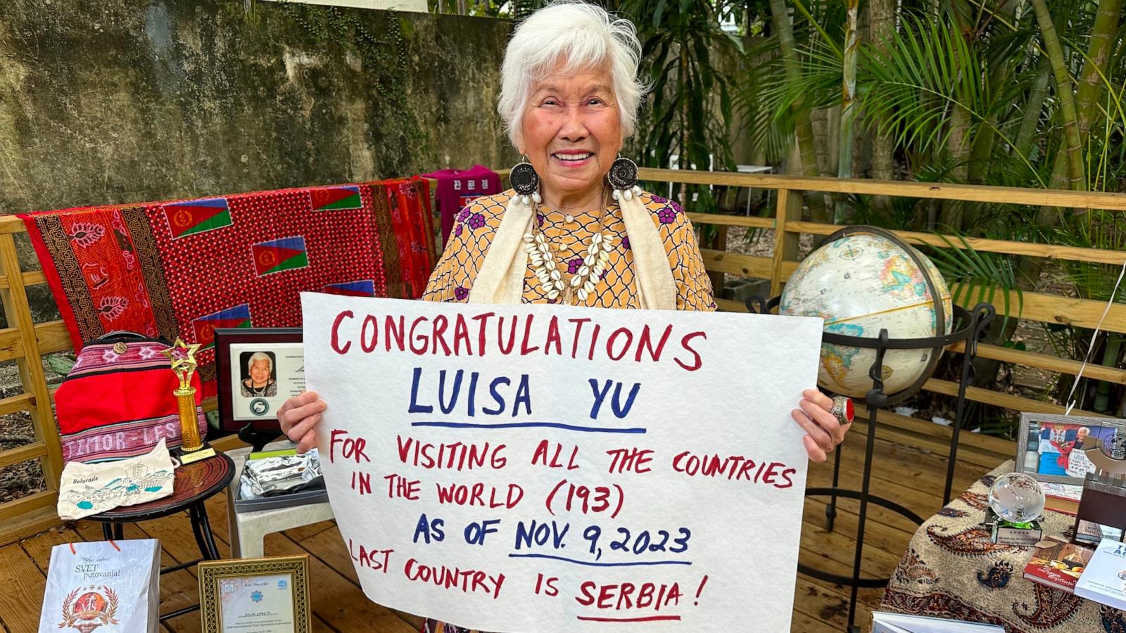 PHOTO: Luisa Yu is now 79 and achieved her dream of visiting every country in the world in November 2023.