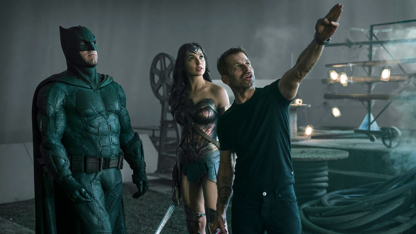 PHOTO: Ben Affleck and Gal Gadot speak with director Zack Snyder during the filming of 2017's, "Justice League," which was reworked and released as 2021's, "Zack Snyder's Justice League."