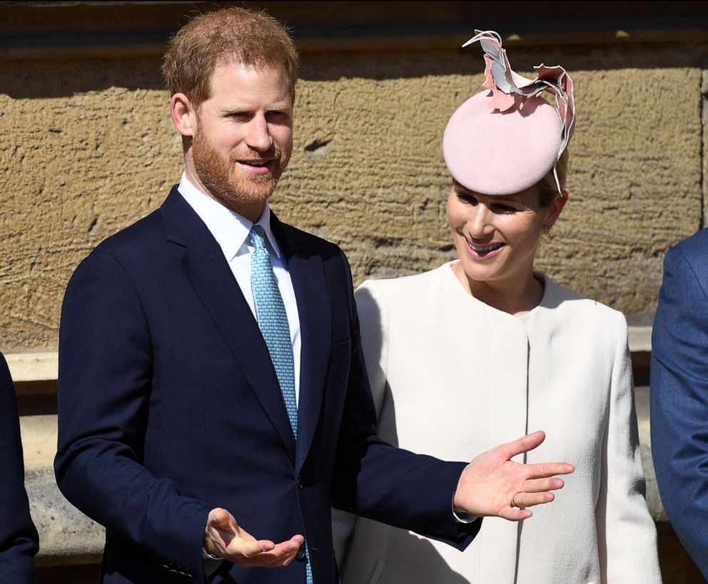 PHOTO: Prince Harry speaks with Zara Tindall as they attend the Easter Sunday Church service at St Georges Chapel, in Windsor, England, April 21, 2019.