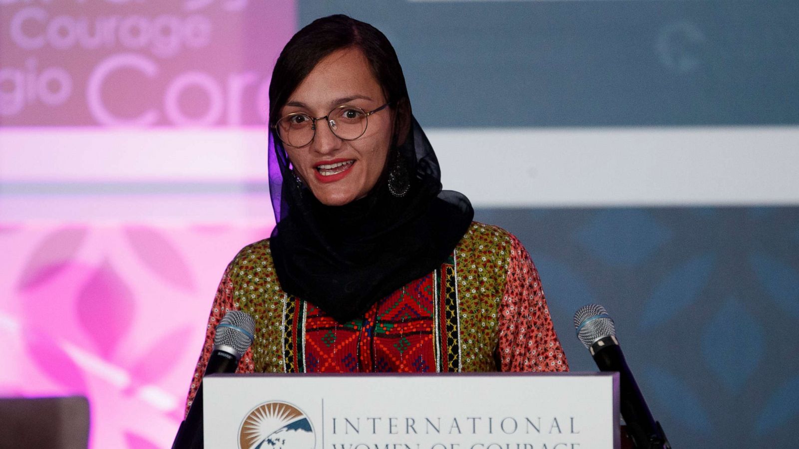 PHOTO: Zarifa Ghafari, of Afghanistan, speaks during the 2020 International Women of Courage Awards Ceremony at the State Department in Washington, Feb. 4, 2020.