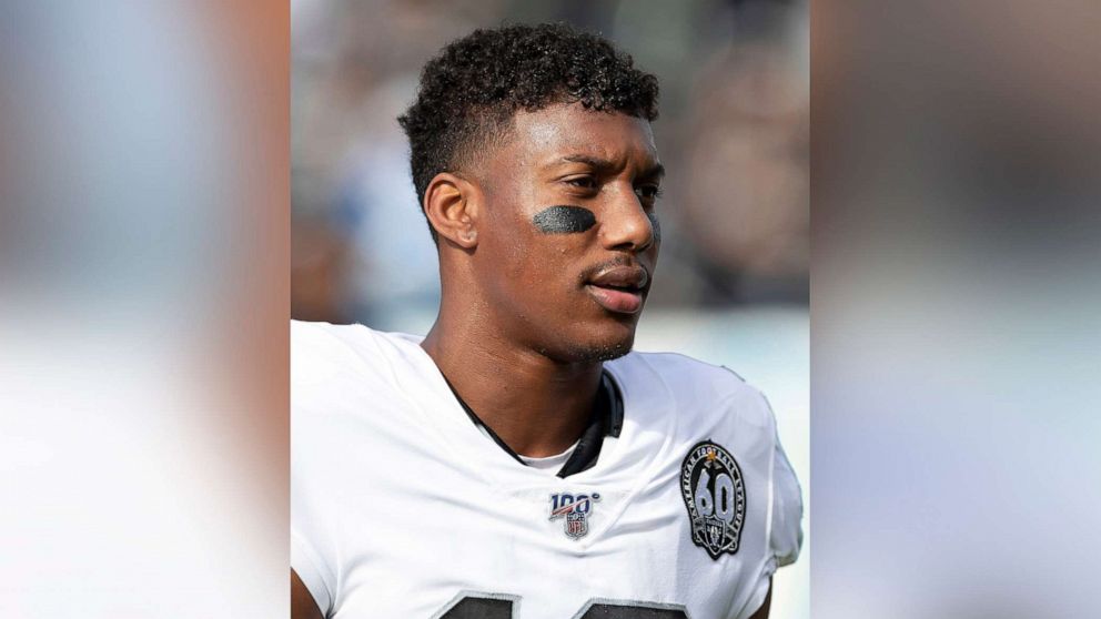 PHOTO: Oakland Raiders wide receiver Zay Jones looks on from the sideline during an NFL football game against the Los Angeles Chargers, Dec. 22, 2019, in Carson, Calif.