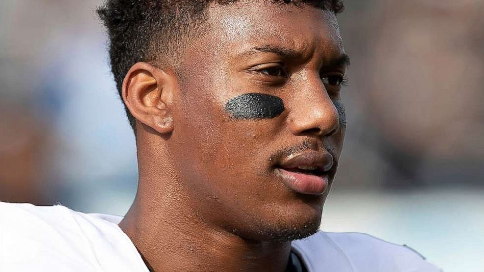 PHOTO: Oakland Raiders wide receiver Zay Jones looks on from the sideline during an NFL football game against the Los Angeles Chargers, Dec. 22, 2019, in Carson, Calif.