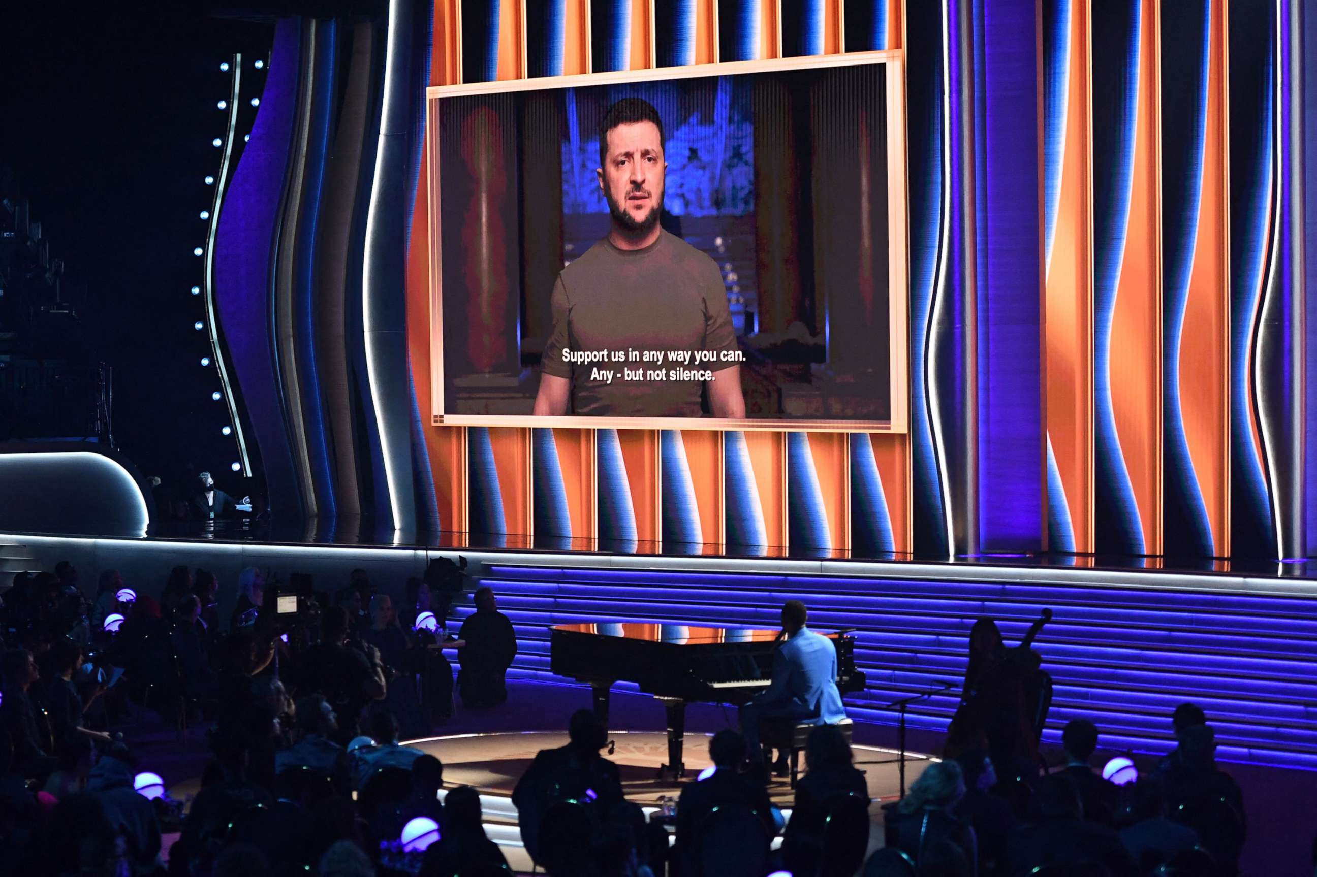 PHOTO: Ukraine's President Volodymyr Zelenskyy appears on screen during the 64th Grammy Awards at the MGM Grand Garden Arena in Las Vegas, April 3, 2022.