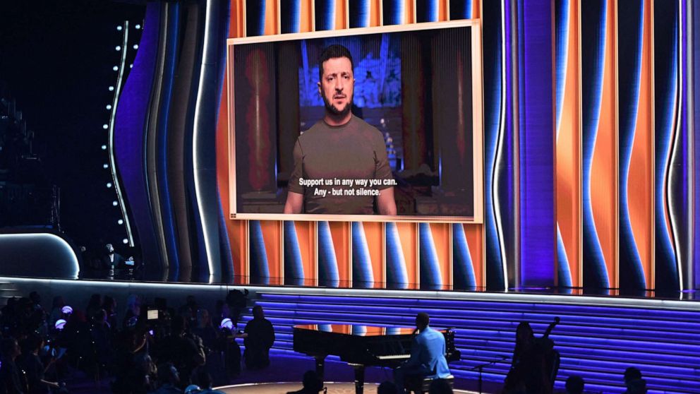 PHOTO: Ukraine's President Volodymyr Zelenskyy appears on screen during the 64th Grammy Awards at the MGM Grand Garden Arena in Las Vegas, April 3, 2022.