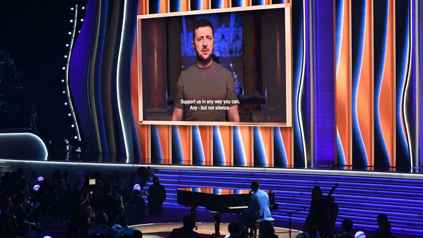 PHOTO: Ukraine's President Volodymyr Zelenskyy appears on screen during the 64th Grammy Awards at the MGM Grand Garden Arena in Las Vegas, April 3, 2022.