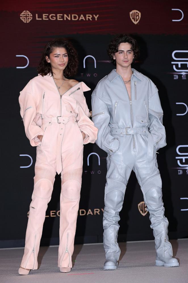 PHOTO: Zendaya and Timothee Chalamet attend the "Dune: Part Two" press conference, Feb. 21, 2024, in Seoul, South Korea. 