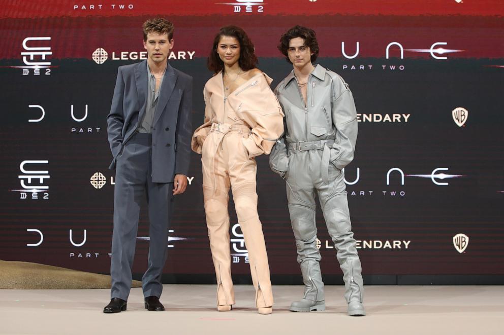 PHOTO: Austin Butler, left, Zendaya, center, and Timothee Chalamet attend the press conference for "Dune: Part Two," Feb. 21, 2024, in Seoul, South Korea. 