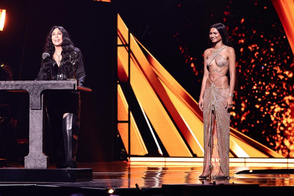 PHOTO: Inductee Cher and Zendaya speak onstage during the 2024 Rock & Roll Hall of Fame Induction Ceremony, Oct. 19, 2024, in Cleveland.