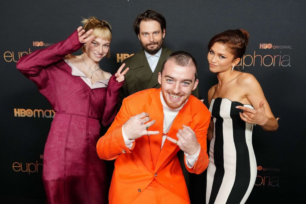 PHOTO: (L-R) Hunter Schafer, Sam Levinson, Angus Cloud, and Zendaya attends HBO's "Euphoria" Season 2 Photo Call at Goya Studios on Jan. 05, 2022 in Los Angeles.