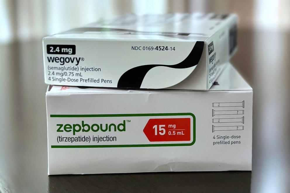 PHOTO: Boxes for the medications Wegovy and Zepbound are shown in California, on May 8, 2025. 